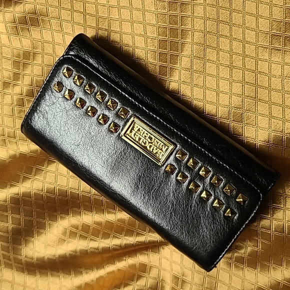NWT Badgley Mischka Black Leather Gold Studded Wallet Clutch Ann Shine 7.5"x4" - Picture 2 of 16